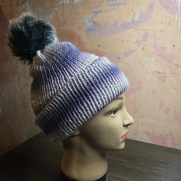 Stylish Purple Knit Beanie with Black Pom-Pom - Picture 2 of 3